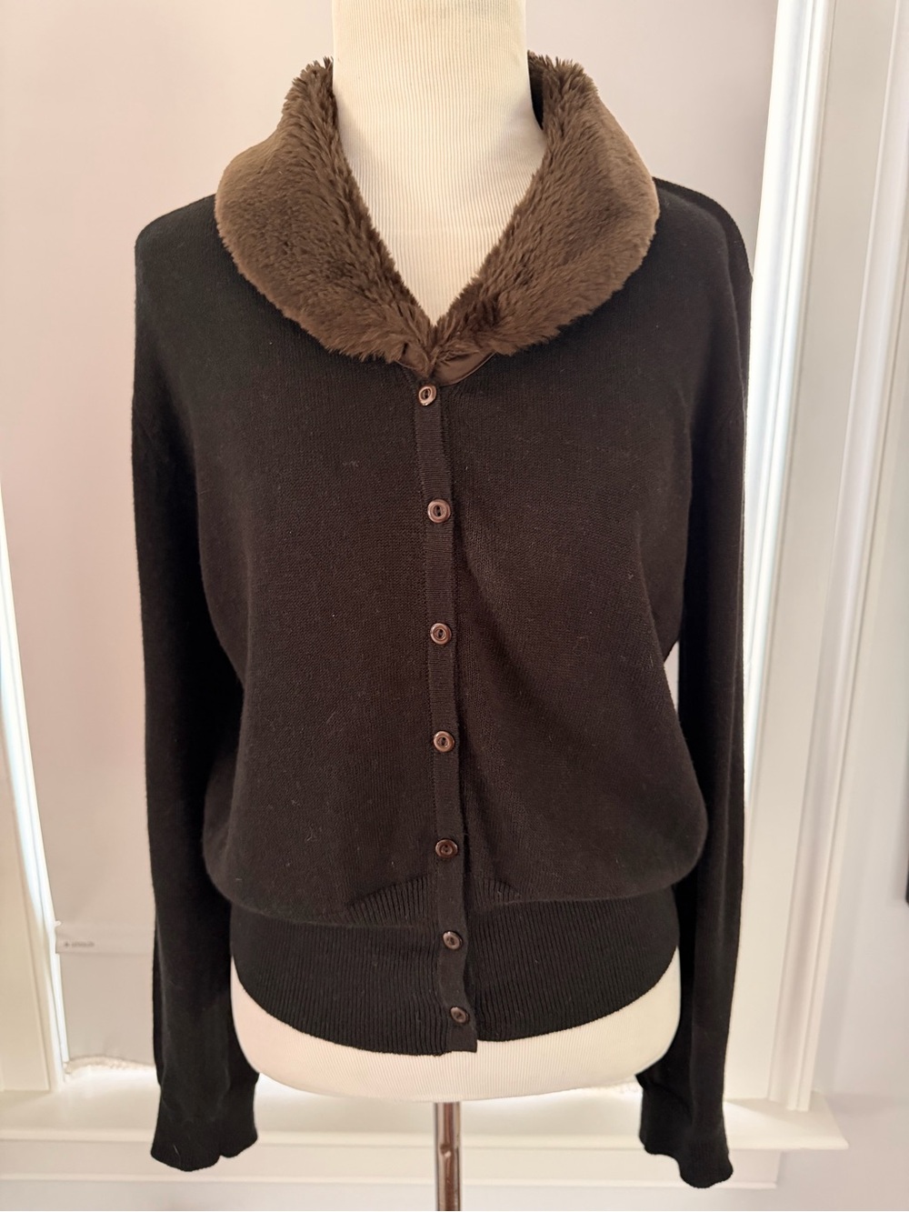 Plush-Collar Black Button Cardigan Sweater